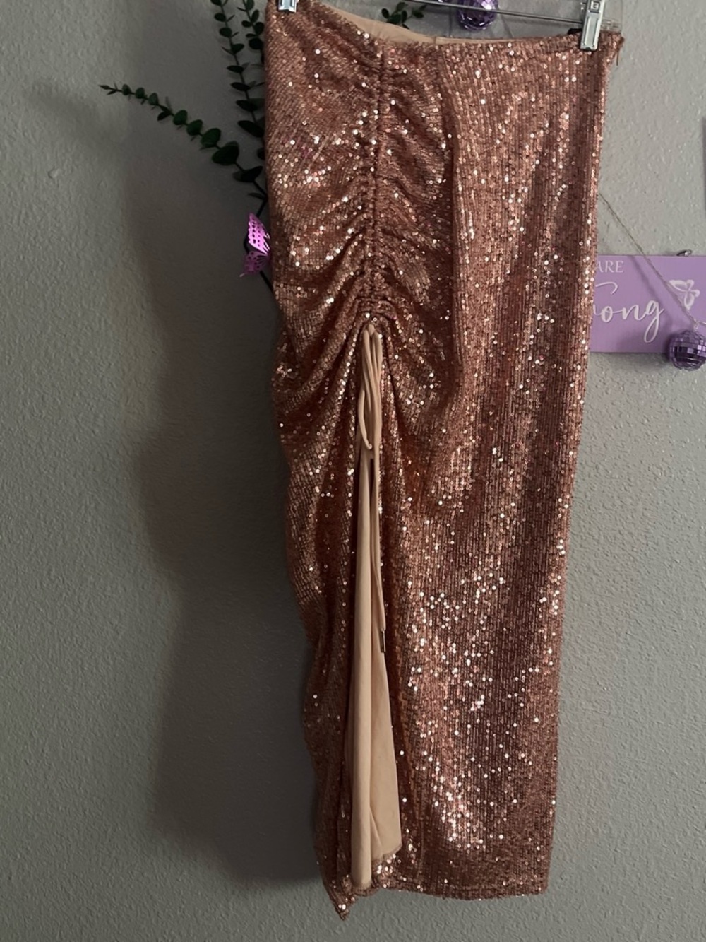 Forever 21 Rose Gold Sequin Ruched Maxi Skirt with Front Split